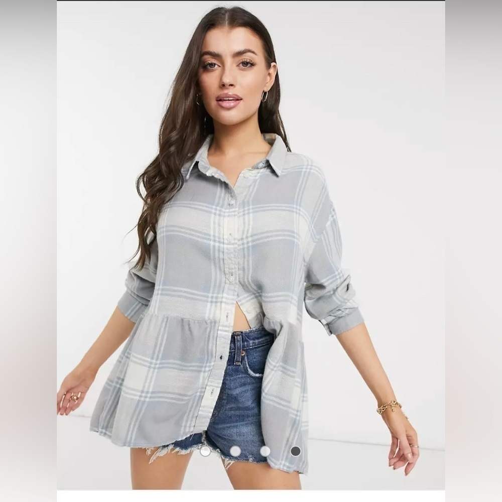 American Eagle Size Medium Plaid Button Down Baby Doll Flannel Shirt Oversized
